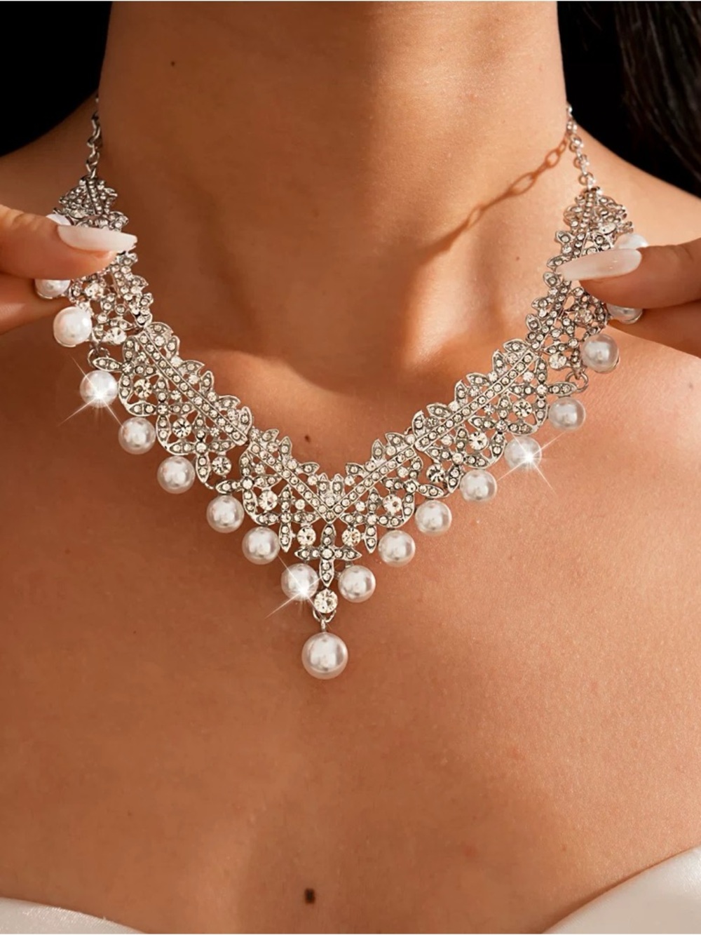 Anthropologie Silver Pearl and Crystal Bib Necklace
